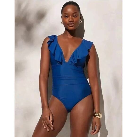 NEW J. Crew Women’s Size 4 Ruched Ruffle One-Piece Swimsuit Harbor View Blue - Picture 1 of 4